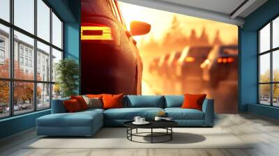 A captivating sunset scene with cars in traffic, showcasing the beauty of evening light and urban travel. Wall mural