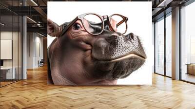 A close-up, humorous image of a hippo wearing glasses on a white background, capturing a fun and whimsical moment. Wall mural