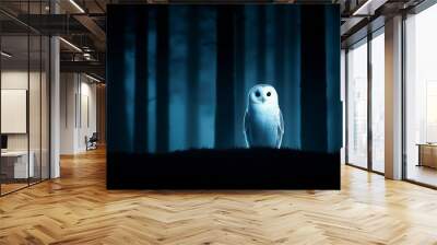 A serene scene featuring a white owl standing in a mystical forest, surrounded by tall trees shrouded in cool blue light. Wall mural