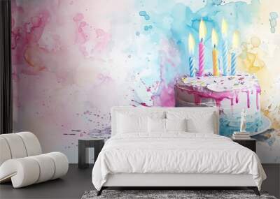 Abstract watercolor painting of a birthday cake with lit candles. Wall mural