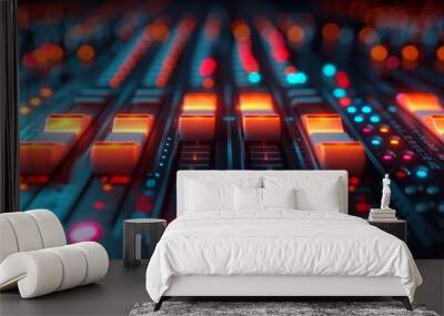 Close-up of a colorful, illuminated audio mixing console, highlighting various faders and control knobs in a dark studio environment. Wall mural