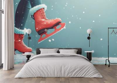 Close-up of person ice skating on a rink wearing red skates with snow falling, capturing a winter sport and holiday atmosphere. Wall mural