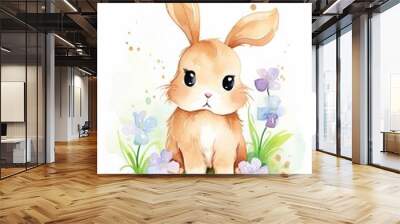 cute pet, bunny. cartoon drawing, water color style, Wall mural