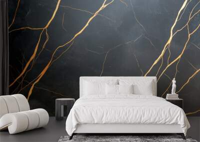 Elegant black marble surface with striking golden veins, perfect for interior design, home decor, or luxury style inspiration. Wall mural