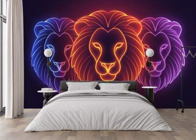 Vibrant neon illustration featuring three lion heads in red, blue, and purple on a dark background, symbolizing strength and unity. Wall mural