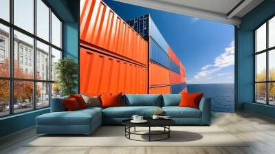 Vibrant orange shipping containers against a clear blue sky and ocean, showcasing maritime logistics and industrial design. Wall mural