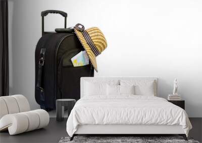 Concept of traveling with  suitcase and hat Wall mural