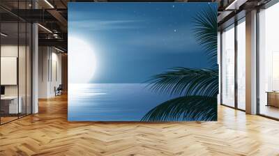 full moon night at sky and stars on calm lake Wall mural