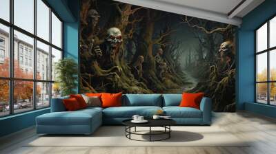 Haunting Halloween Night: Twisted, Gnarled Forest with Humanoid Faces. Eerie Eyes Glowing, Shadows Lurking, Secrets of the Woods Unveiled in the Moon's Glow Wall mural