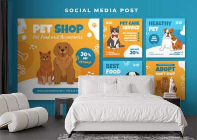 Pet shop social media post template with cat and dog vector illustration Wall mural