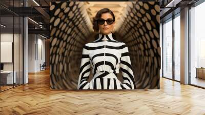 a fashion-forward woman in a striped dress dons funky goggles and stylish sunglasses, showcasing her Wall mural