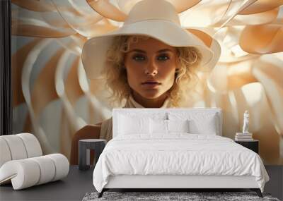 a fashionable woman gracefully adorns a sun hat, accentuating her human face and showcasing her styl Wall mural