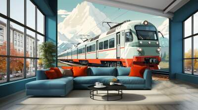 A majestic train chugs through the scenic mountains, its rolling stock and electric locomotive a symbol of reliable and efficient transport connecting the sky and land for all passengers to enjoy Wall mural