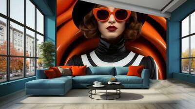 A mysterious woman adorned in a black hat and orange sunglasses exudes confidence and bold fashion sense, her eyes hidden behind dark goggles as she effortlessly embodies the essence of style Wall mural