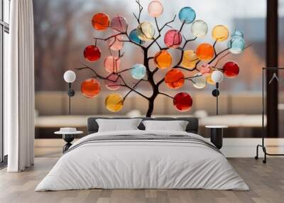 A vibrant tree adorned with whimsical balls of color stands tall in a vase, adding a burst of life to the indoor space as delicate flowers bloom beside it on a glass table Wall mural