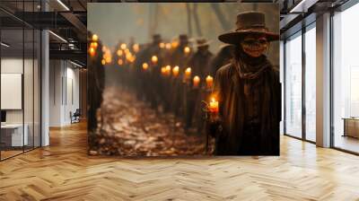 A zombie stands in the darkness of night, illuminated by a single candle they hold in their gloved hands, their hat casting a warm, inviting light on the outdoor scene Wall mural