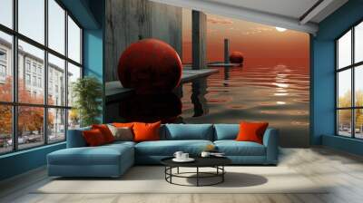 As fiery red sun sinks below horizon, its reflection dances on serene surface of lake, casting a warm glow over outdoor landscape and illuminating floating red balls scattered across water Wall mural