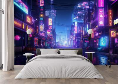 A cyberpunk city street with neon lights and skyscrapers Wall mural