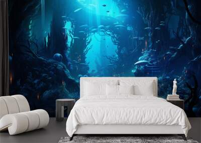 A fish swimming in the ocean with corals Wall mural