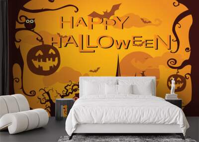 halloween theme background with pumpkin jack o lantern, owl, old castle, old tree Wall mural