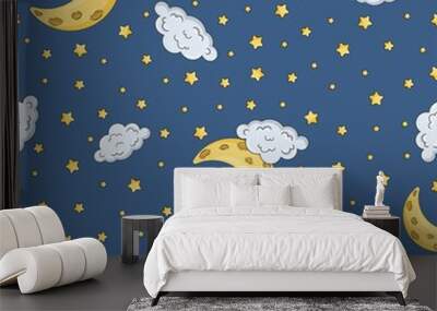 Seamless pattern with blue sky background, moon, stars. Goodnight. Endless texture for fabric Wall mural