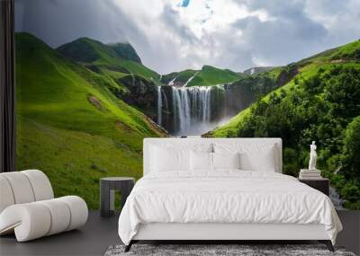 beautiful green mountain landscape waterfall generative ai Wall mural