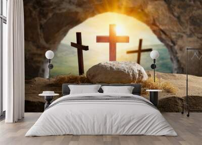 crucifixion and resurrection empty tomb of jesus with crosses in the background easter or resurrection concept he is risen Wall mural