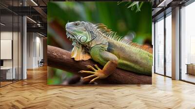 green iguana resting on tree branch in tropical habitat Wall mural