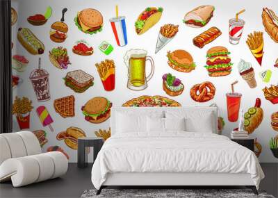 Hand drawn colorful background with food and beverage varieties. Wall mural