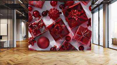 lots of red christmas gift , White background Wall mural