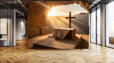 tomb empty with shroud and crucifixion at sunrise resurrection of jesus christ Wall mural