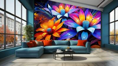 Vibrant digital artwork featuring large colorful fantasy flowers. Generative AI Wall mural