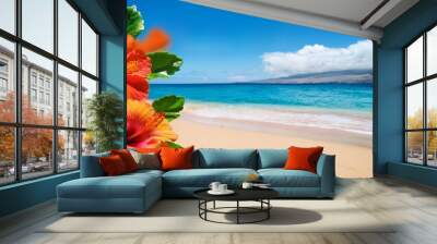 vibrant hibiscus blooms on sandy beach with blue ocean tropical maui hawaii vacation paradise scenic travel illustration Wall mural