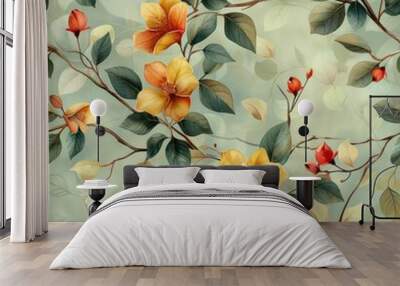 Seamless beautiful flowers tree pattern background Wall mural