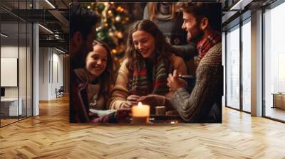 A cozy, homely scene of a family gathered around a crackling fireplace, wearing sweaters, and sipping hot cocoa, with a decorated Christmas tree in the background Wall mural