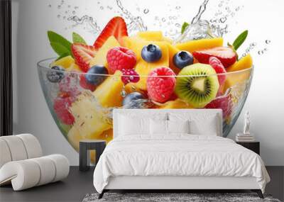 a delicious mouthwatering fruit bowl with water splash, refreshing summer food concept on transparent background Wall mural