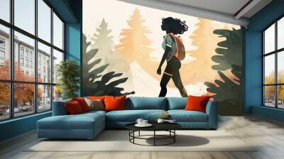 a minimalist illustration in pastel colors of an afro american woman hiking in nature, travel concep Wall mural