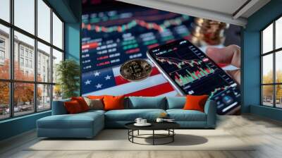 Bitcoin market analysis on a smartphone with US flag Wall mural