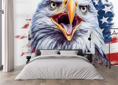 illustration of a majestic eagle head in front of the American flag on transparent background, patriotic concept Wall mural