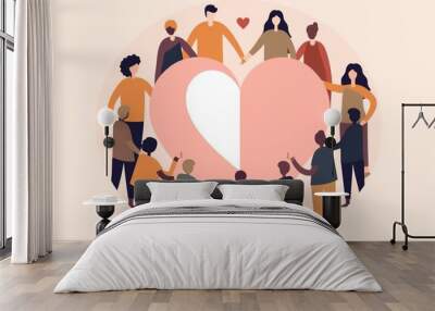 minimalist illustration of a diverse group of people holding hands in a circle, with a heart at the center, support and unity concept Wall mural