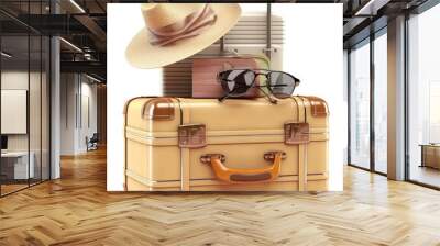 suitcase with sun glasses, hat and camera, travel vacation concept Wall mural