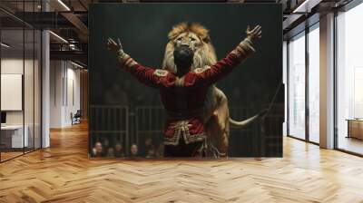 Lion tamer in front of a male lion in the circus and in front of a large audience Wall mural