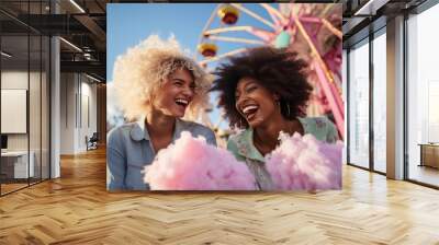 Two blonde and brunette girls eating cotton candy at the fair Wall mural