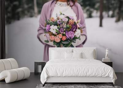 Bridal bouquet flowers closeup, beauty winter wedding Wall mural