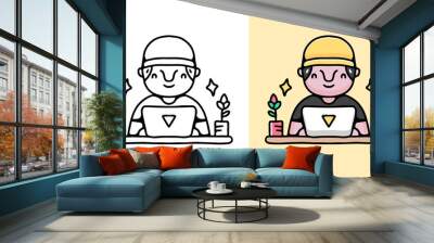 boy in beanie playing a laptop cartoon, illustration for sticker or t shirt. Wall mural