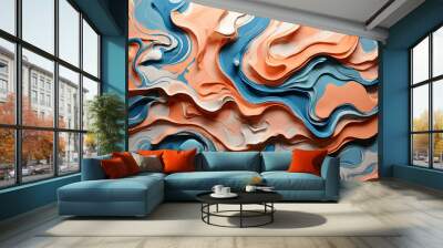 Abstract liquid background Illustration with paper art style and marble liquid paints, peach blue shades color scheme, gradien color. Wall mural