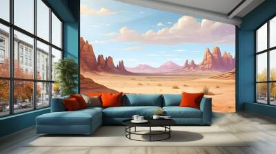 Desert natural landscape with sandstone hills and cactus plants. Cartoon or anime illustration style. Wall mural