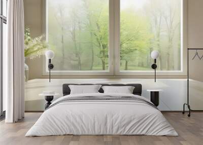 Empty white wood table with large spring window Wall mural