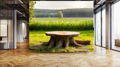 Nature wood landscape morning farm outdoor sky podium forest stump beauty sun scene platform view beautiful trunk. Farm wood nature field fruit table product grass garden background stand green food.  Wall mural