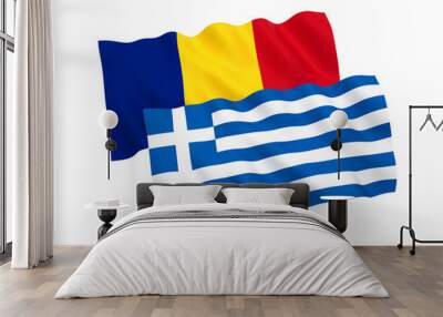 National fabric flags of Greece and Romania isolated on white background. 3d rendering illustration. Proportion 1:2 Wall mural